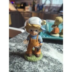 VTG Homco Slingshot Boy with Brown Overalls and Bird on Hat 5" Ceramic Figurine